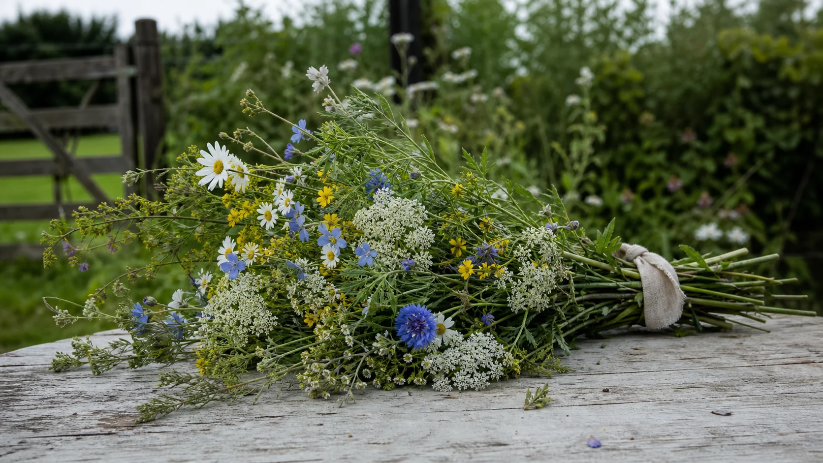 Handgebonden veldbloemen op een houten tafel